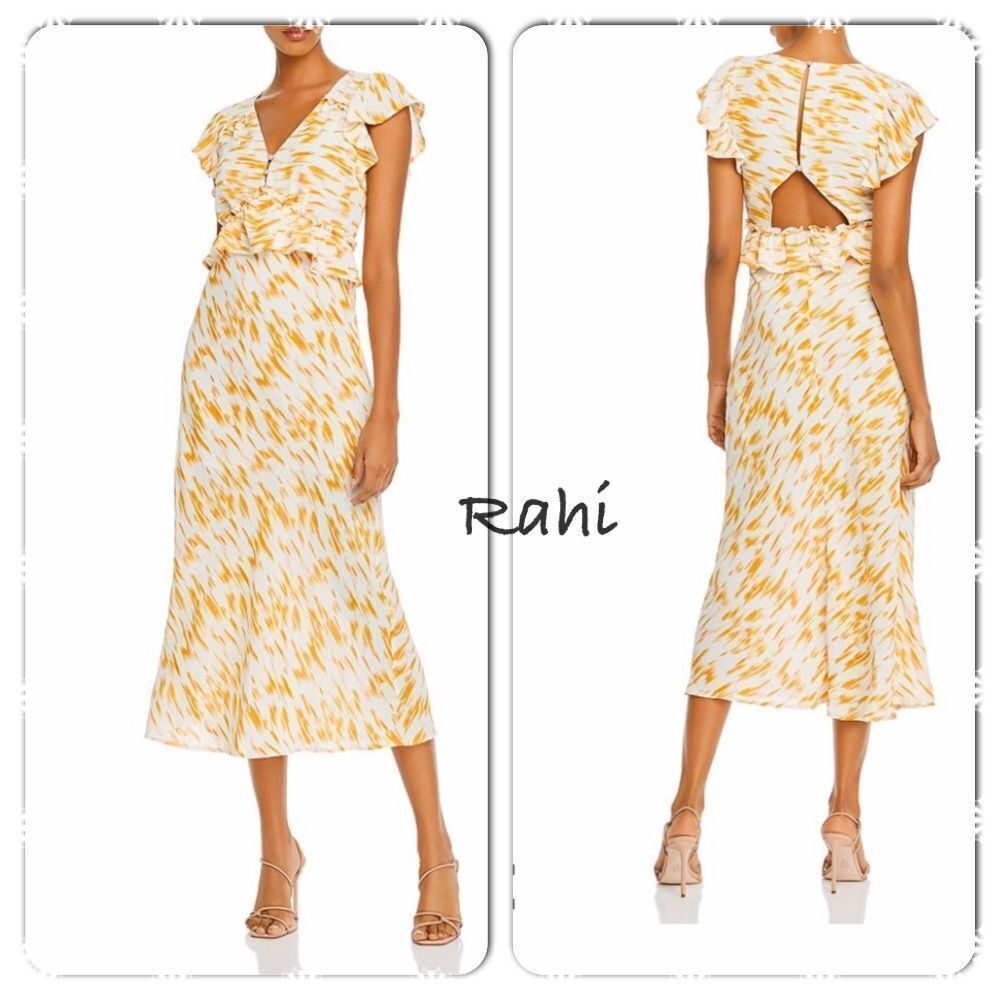 NEW RAHI ivory/yellow marble print midi dress L